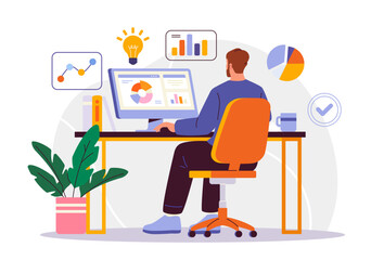 Poster - A man working on a computer, analyzing charts and graphs at a desk with a plant and coffee cup. Abstract icons symbolize innovation and productivity. Vector illustration