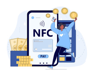 Poster - Happy woman celebrates a successful mobile NFC payment using smartphone. Background features large phone screen, coins, cash, payment terminal. Concept of digital transactions. Vector illustration