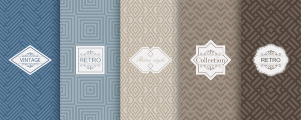 Aufkleber - Vector geometric seamless patterns for print, decor, voucher, package, banner. Trendy set of abstract colorful backgrounds with minimal labels, frames. Abstract modern retro line ornament textures