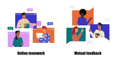 Poster - Digital illustration of remote teamwork and feedback, featuring diverse people collaborating through online windows and speech bubbles on a white background. Vector illustration