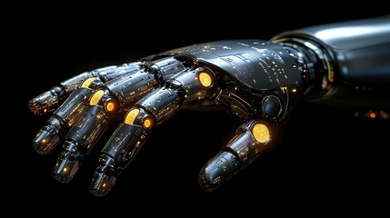 Poster - Futuristic robotic hand reaching out with glowing elements against a dark background, showcasing technology