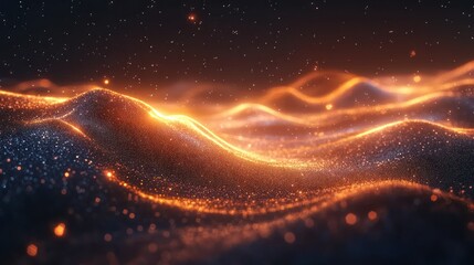 Wall Mural - glowing orange particles flowing, dark background, digital landscape, website design