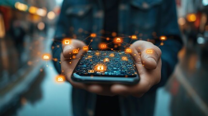 Aufkleber - a person holding a smartphone displaying digital icons, with a blurred city street in the background