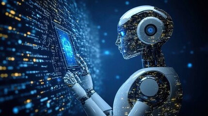 Fototapete - Futuristic robot interacting with a digital interface in a high-tech cityscape background