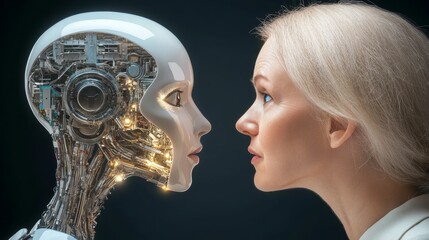 Poster - Woman is looking at a robot with a face. The robot is made of metal and has a human-like appearance