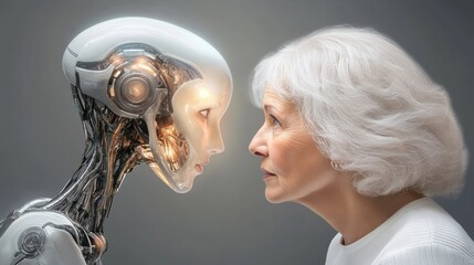 Poster - Robot and a woman are looking at each other. The robot has a metallic appearance and the woman has white hair. Concept of curiosity and wonder about the relationship between the two