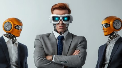 Poster - Man in a suit stands between two robots, one of which is orange. The man is wearing a pair of virtual reality goggles, which he is looking at the robots. Concept of futuristic technology