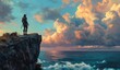 © DesignINKZ - Lone Adventurer Standing on Ancient Cliff Overlooking Vast Ocean Waves and Dramatic Twilight Clouds