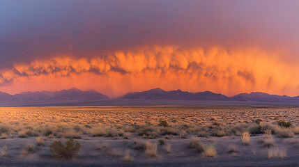 Poster - A breathtaking sunset casts vibrant orange hues over distant mountains, contrasting against a serene desert landscape under dramatic clouds