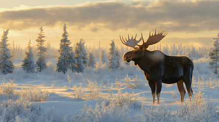 Poster - A majestic moose stands in a snowy landscape at sunrise, surrounded by frosty trees and a serene winter atmosphere