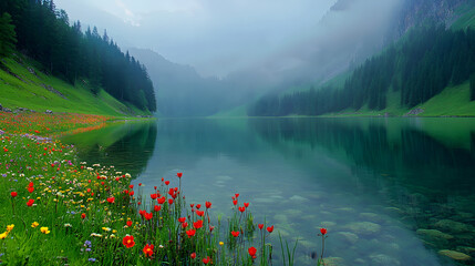 Poster - A serene lake surrounded by misty mountains, lush greenery, and vibrant wildflowers, creating a tranquil and picturesque landscape
