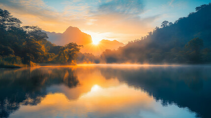 Poster - A serene sunrise over a calm lake, surrounded by mountains and trees, reflecting vibrant hues in the water, creating a tranquil atmosphere