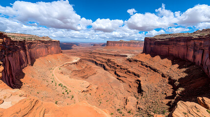 Poster - A stunning panoramic view of a vast canyon with reddish rock formations under a bright blue sky dotted with fluffy clouds