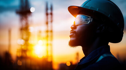 Wall Mural - Oil rig worker in helmet and sunglasses, sunset background, industrial scene, confident expression, silhouette, safety gear