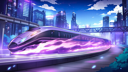 Wall Mural - Futuristic anime bullet train traveling through a vibrant cityscape at night with glowing neon lights illuminating the surroundings and the train itself