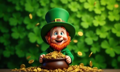 Cartoon Irish folk character leprechaun holds pot of gold coins on green clover background