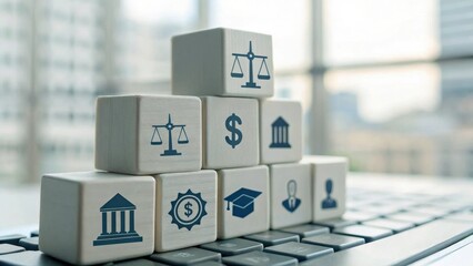 Aufkleber - Wooden blocks with finance and law symbols on a keyboard in a modern office setting.