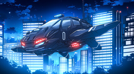 futuristic spaceship and cyberpunk taxi flying over a vibrant city skyline with neon lights and adva