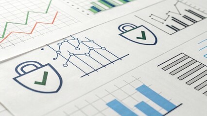 Leinwandbilder - Business analytics with graphs and security symbols on paper documents.