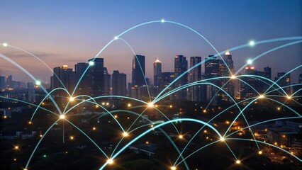 Poster - City skyline with digital network connections glowing at dusk.