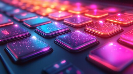 Close-up of vibrant, glowing square buttons on a futuristic control panel.