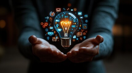 Poster - Hands holding a glowing light bulb surrounded by colorful digital icons representing innovation and creativity