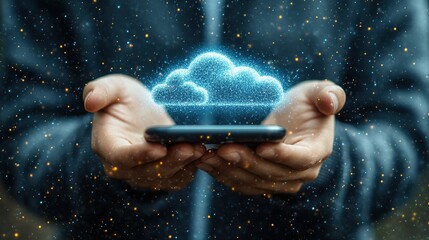 Poster - Hands holding a smartphone with a glowing cloud symbol above it, representing digital data transfer