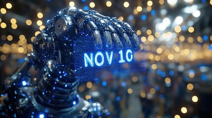 Poster - Futuristic robotic hand holding a glowing date sign amidst a blurred festive background