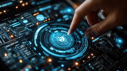 Poster - Futuristic hand interacting with a high-tech digital interface displaying intricate data patterns
