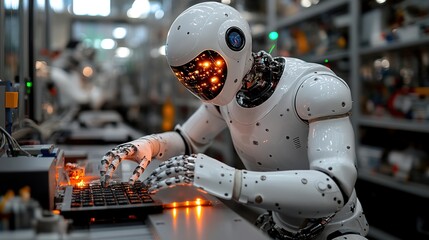 Poster - A humanoid robot with glowing features working on a laptop in a high-tech workshop filled with gadgets