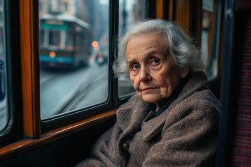 Elderly woman on a tram, nostalgia