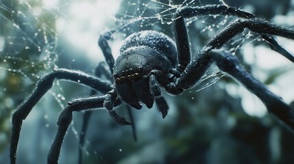 Wall Mural - Close-up view of a large spider on web with dew in forest setting