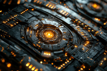 Poster - Close-up of a futuristic technological device with glowing orange accents, intricate details, and a dark metallic finish.