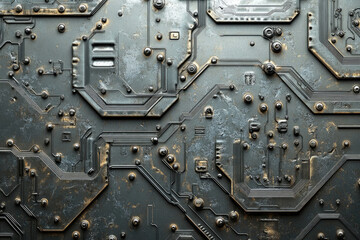Poster - A weathered metallic circuit board with intricate pathways and aged texture.