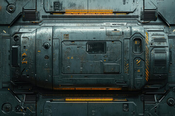 Poster - Grungy metallic spaceship wall panel with glowing orange accents, intricate detailing and weathered texture.