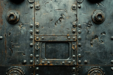 Poster - Rustic dark metal texture with rivets, screws, and a worn, aged appearance.