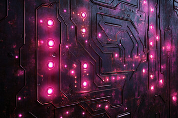Aufkleber - Futuristic metallic panel with glowing pink circuits, grunge texture, cyberpunk aesthetic.