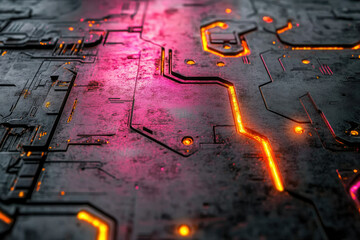 Poster - Glowing neon lines on a dark metallic surface, resembling a futuristic circuit board.