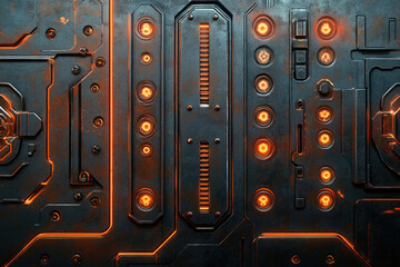 Poster - Futuristic metallic panel with glowing orange lights, intricate design, sci-fi aesthetic.