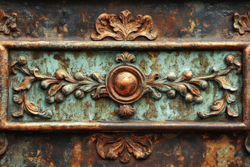 Fototapete - Rustic, ornate metalwork with copper accents and a weathered, teal patina.  Intricate details and aged texture.
