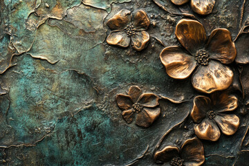 Poster - Intricate bronze flowers embossed on a textured, dark teal background, creating a dramatic, artistic piece.