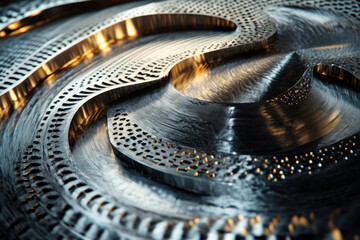 Poster - Close-up of intricately patterned metallic surface with swirling, layered design and textured details.