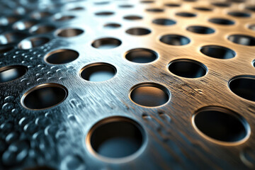 Poster - Close-up of a metallic surface with regularly spaced circular holes, showcasing a textured, industrial aesthetic.