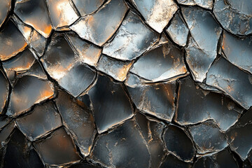 Poster - Abstract metallic texture with dark, cracked, and uneven surface reflecting light.