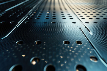 Poster - Dark, metallic surface with a carbon fiber texture and regularly spaced holes, creating a futuristic or technological aesthetic.