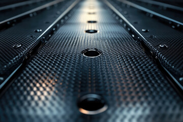 Poster - A close-up view of a dark, textured surface with repeating patterns and circular holes, creating a futuristic and industrial aesthetic.