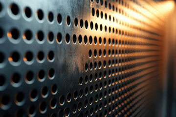 Poster - A textured metallic surface with regularly spaced circular perforations, illuminated by warm light.