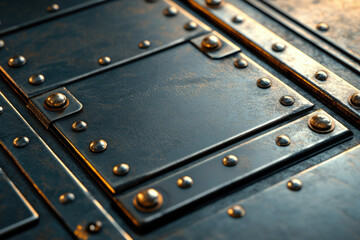 Aufkleber - Dark metal plates riveted together, creating a textured, industrial aesthetic.