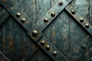 Poster - Rustic metal gate with diagonal cross beams, riveted and showing age and texture.