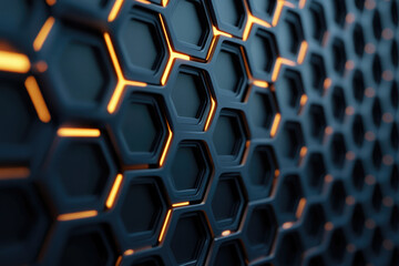 Poster - Abstract 3D render of a dark honeycomb pattern with glowing orange edges.